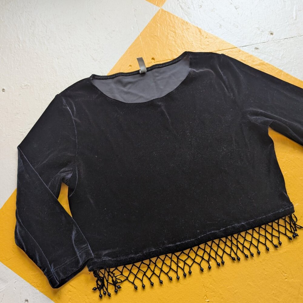 Vintage Y2K Fall Witchy Stretch Velvet Crop Top Bead Fringe Quarter Sleeve - Picture 2 of 9